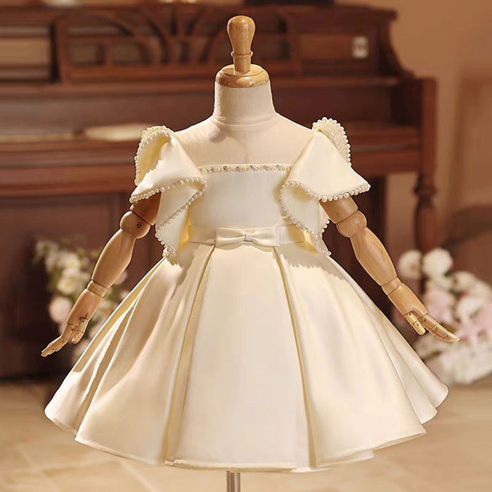 Champagne Satin Baby Girl Dress With Bow Short Sleeves Gown J497