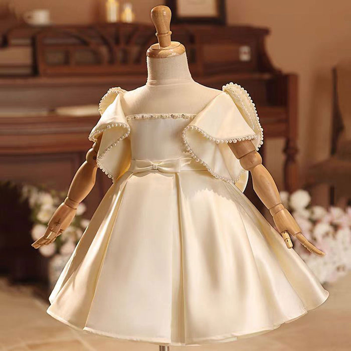 Champagne Satin Baby Girl Dress With Bow Short Sleeves Gown J497