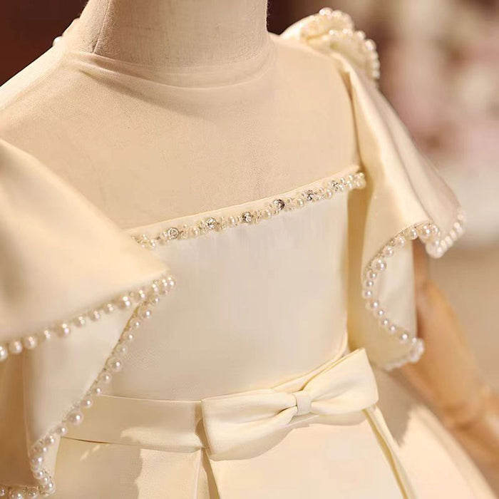 Champagne Satin Baby Girl Dress With Bow Short Sleeves Gown J497