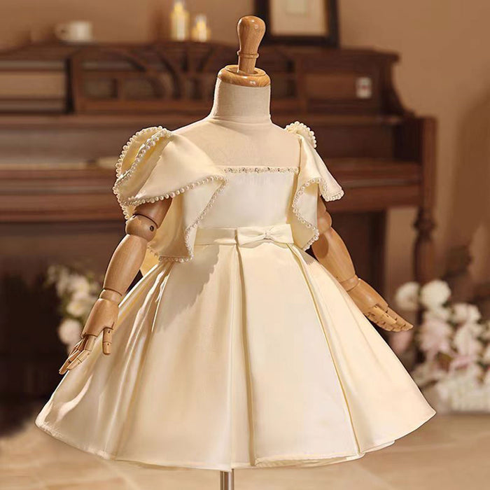Champagne Satin Baby Girl Dress With Bow Short Sleeves Gown J497