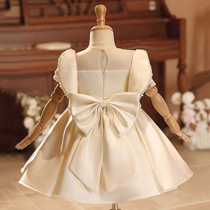 Champagne Satin Baby Girl Dress With Bow Short Sleeves Gown J497