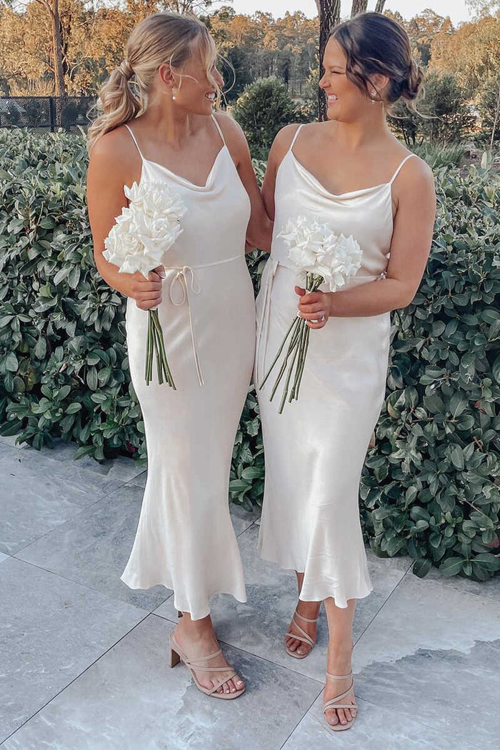 Champagne Satin Cowl Neck Mermaid Bridesmaid Dress