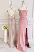 Champagne Scoop Neck Lace-Up Back Long Wedding Guest Dress