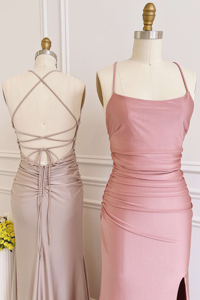 Champagne Scoop Neck Lace-Up Back Long Wedding Guest Dress
