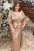 Champagne Sequin V-Neck Ruffles Long Formal Dress with Slit