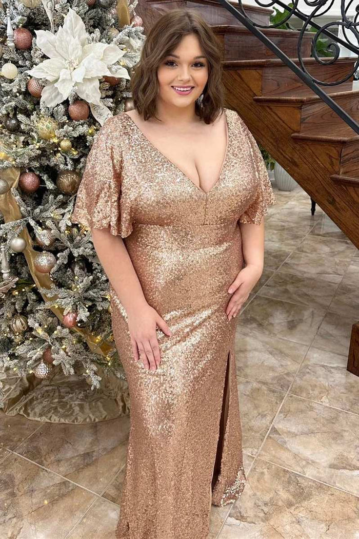 Champagne Sequin V-Neck Ruffles Long Formal Dress with Slit