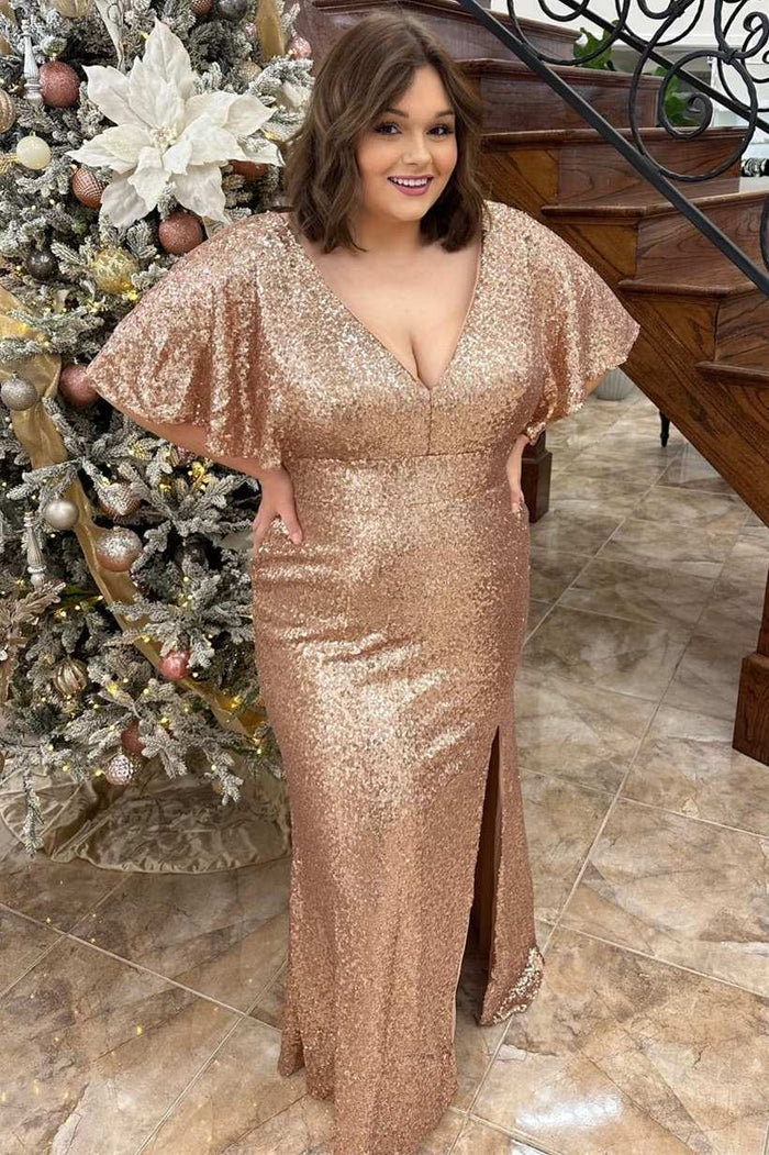 Champagne Sequin V-Neck Ruffles Long Formal Dress with Slit