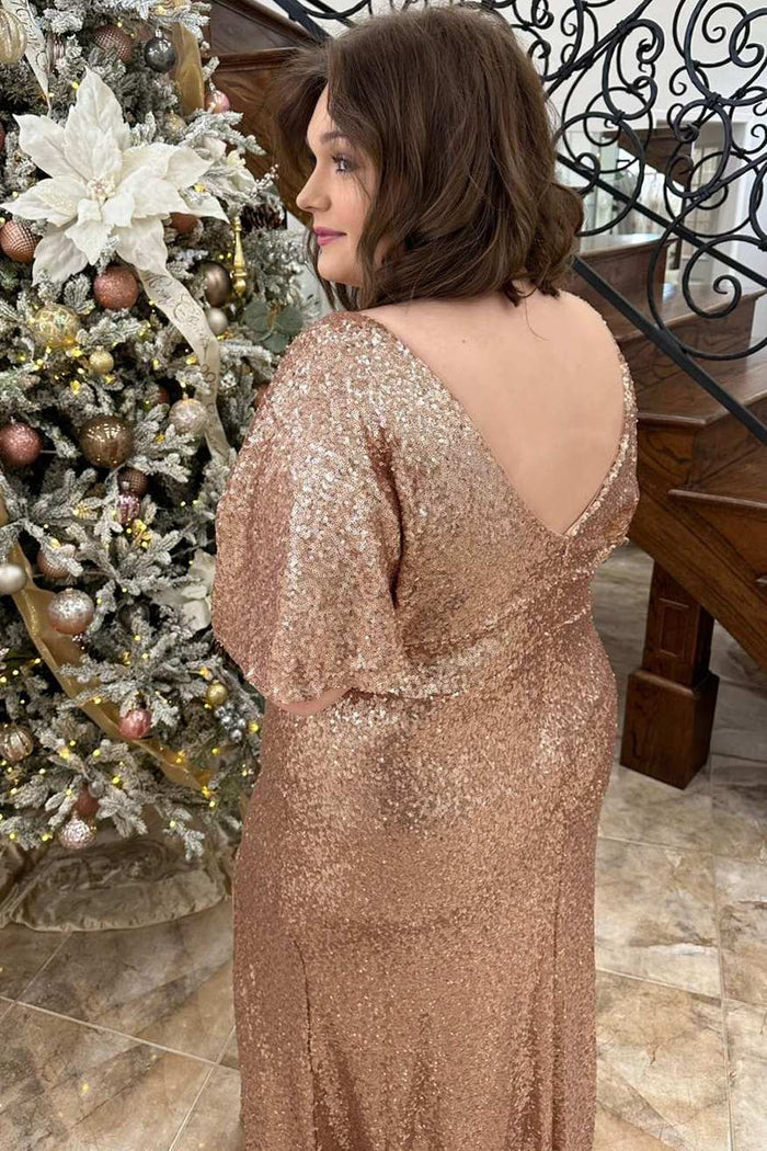 Champagne Sequin V-Neck Ruffles Long Formal Dress with Slit