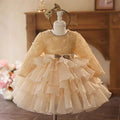 Champagne Tulle Girl Dress Long Sleeve Toddler Kids 1st Birthday Gown J465