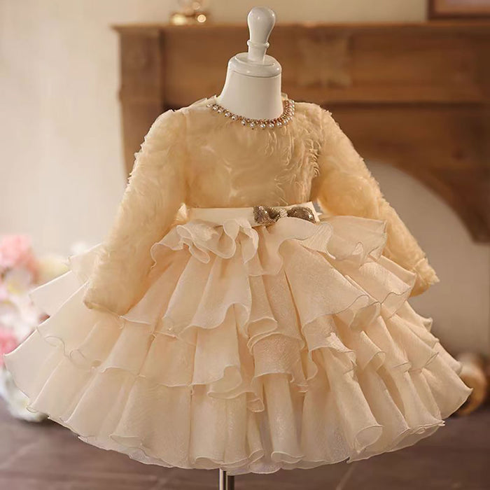 Champagne Tulle Girl Dress Long Sleeve Toddler Kids 1st Birthday Gown J465