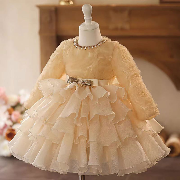Champagne Tulle Girl Dress Long Sleeve Toddler Kids 1st Birthday Gown J465