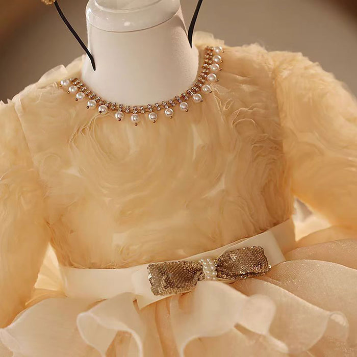 Champagne Tulle Girl Dress Long Sleeve Toddler Kids 1st Birthday Gown J465