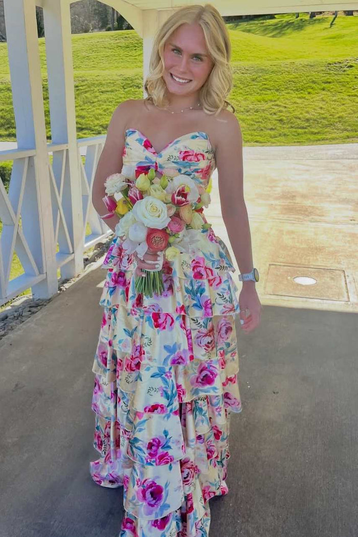 Charming A-Line Strapless Ruffles Empire-Waist Print Long Prom Dress