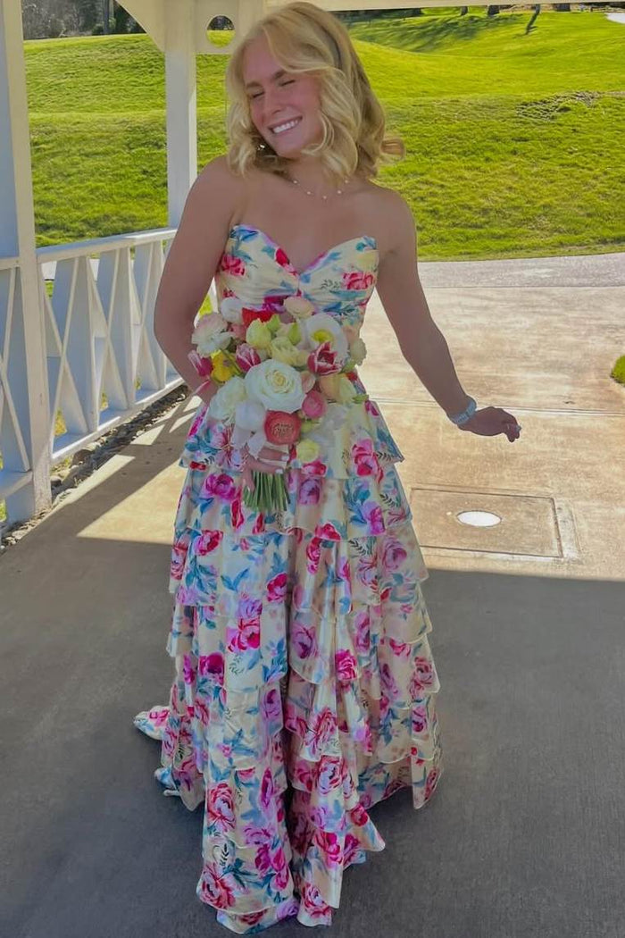 Charming A-Line Strapless Ruffles Empire-Waist Print Long Prom Dress
