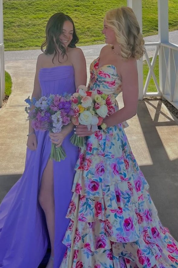 Charming A-Line Strapless Ruffles Empire-Waist Print Long Prom Dress