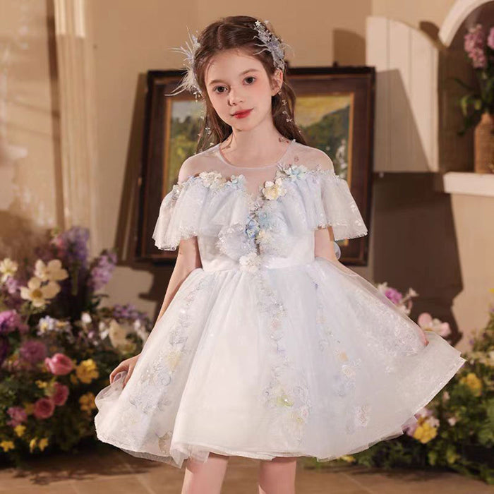 Charming Applique Embroidered Ruffle Flower Girl Dress Blue J517