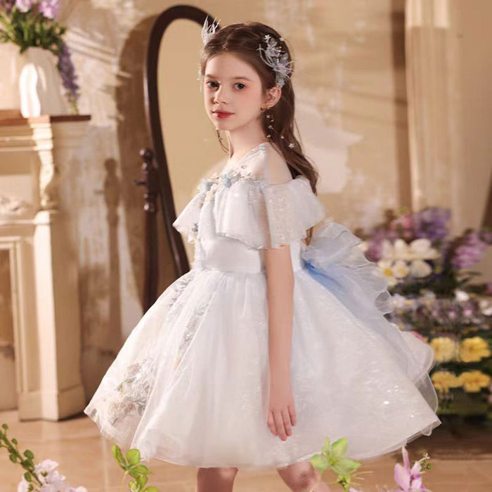 Charming Applique Embroidered Ruffle Flower Girl Dress Blue J517