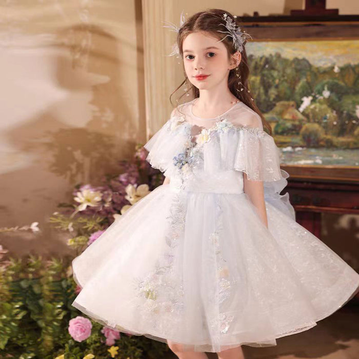 Charming Applique Embroidered Ruffle Flower Girl Dress Blue J517
