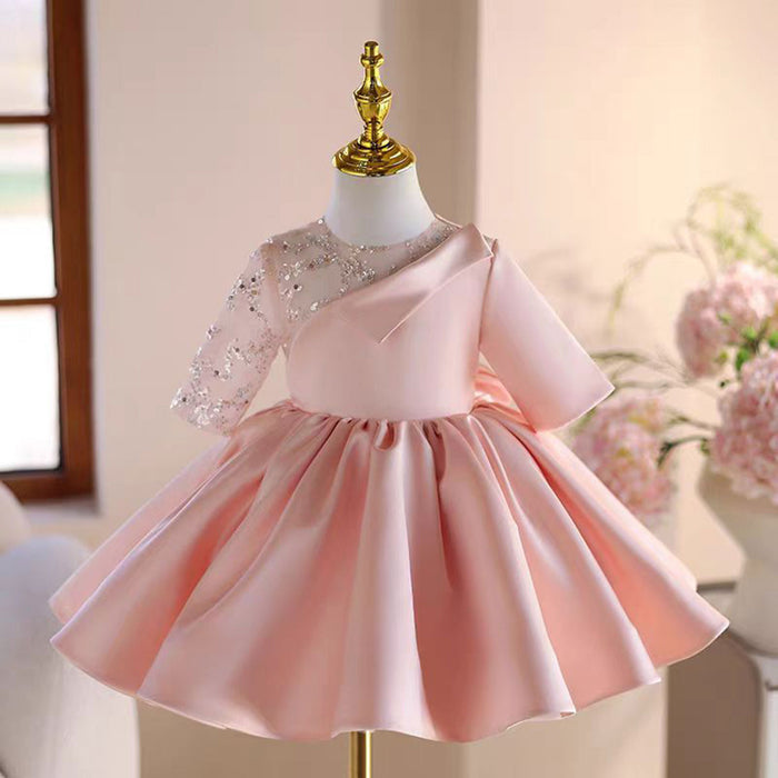 Charming Applique Satin Tulle Splicing Girl Dress With Bow J502