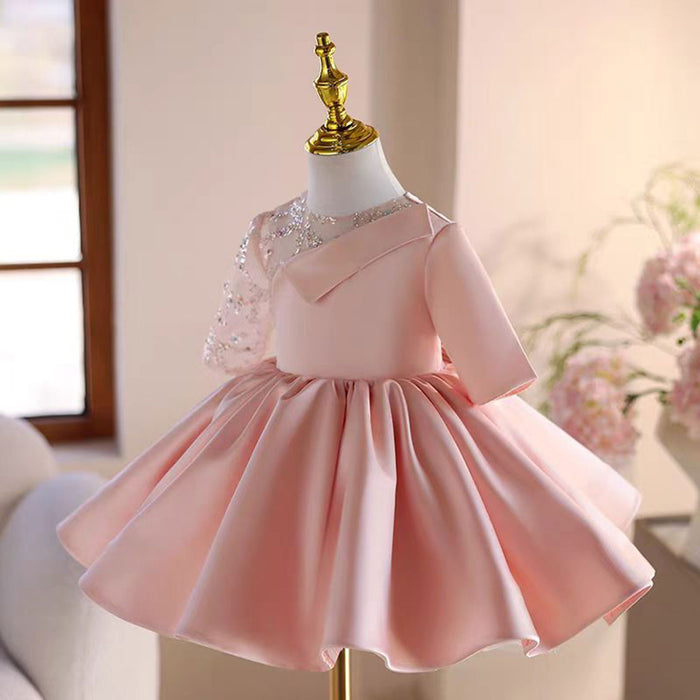 Charming Applique Satin Tulle Splicing Girl Dress With Bow J502