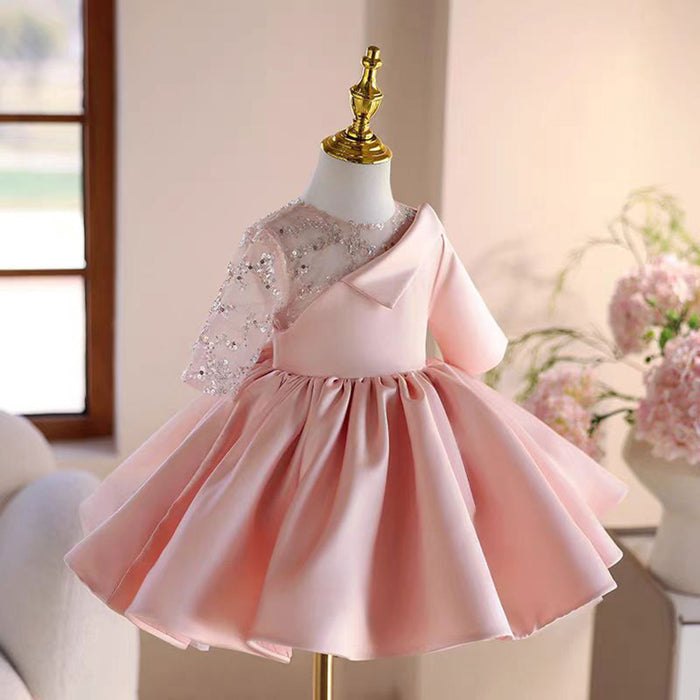 Charming Applique Satin Tulle Splicing Girl Dress With Bow J502