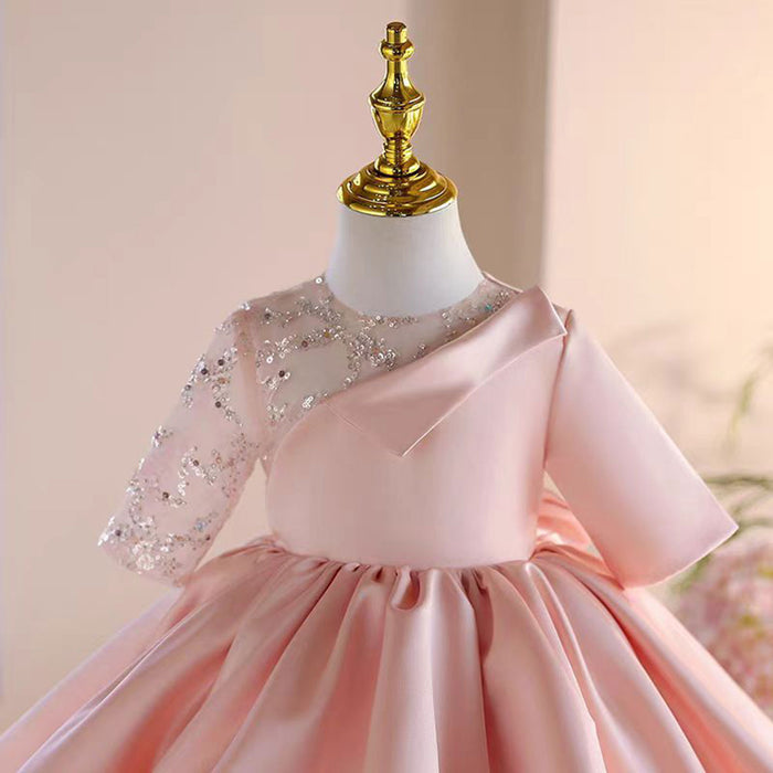 Charming Applique Satin Tulle Splicing Girl Dress With Bow J502