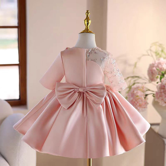 Charming Applique Satin Tulle Splicing Girl Dress With Bow J502