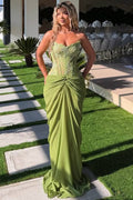 Charming Green Strapless Pleats Chiffon Prom Dress with Appliques