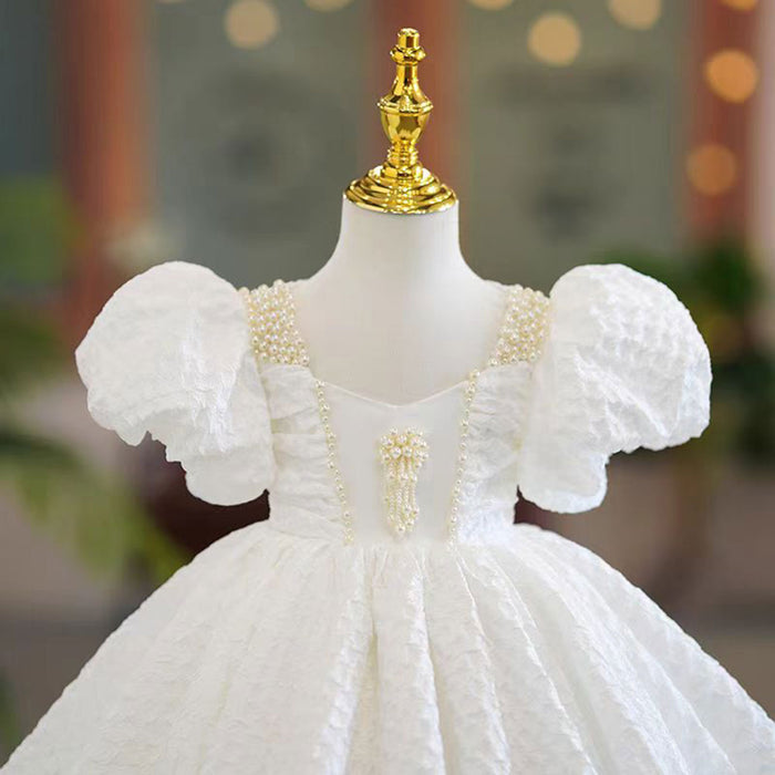 Charming Square Collar Flower Girl Dress Pearls White J796