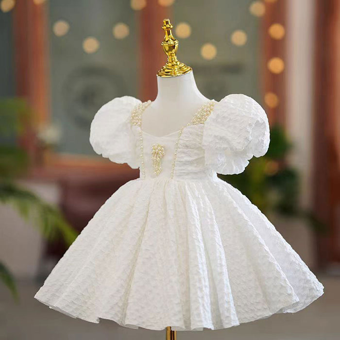 Charming Square Collar Flower Girl Dress Pearls White J796