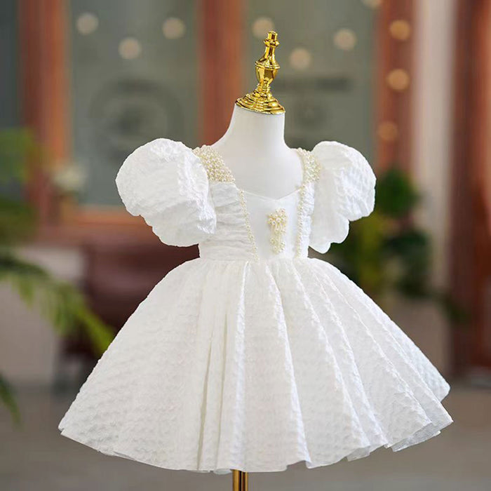 Charming Square Collar Flower Girl Dress Pearls White J796