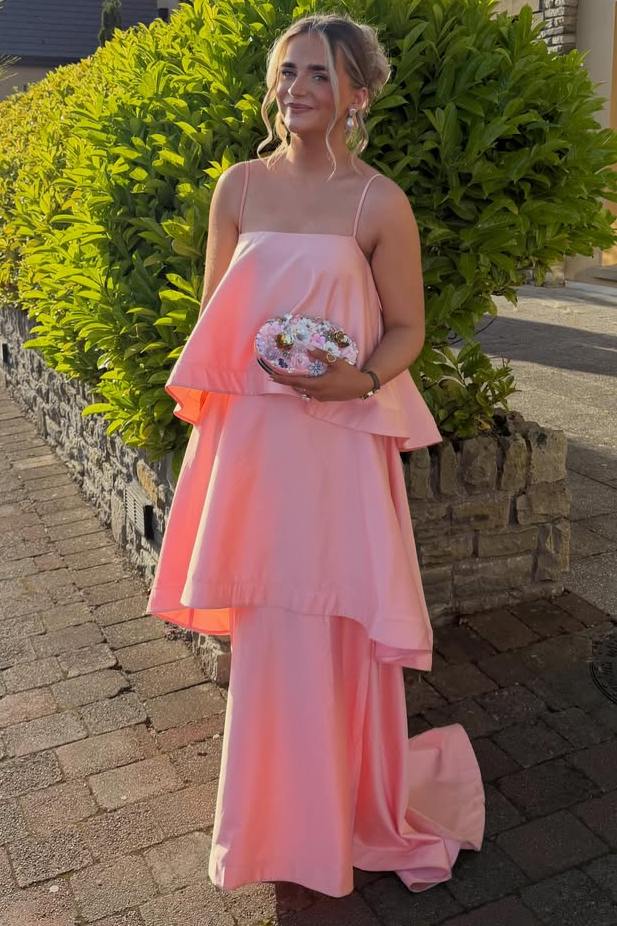 Chic A-Line Spaghetti Straps Layered Satin Sleeveless Long Formal Prom Dress