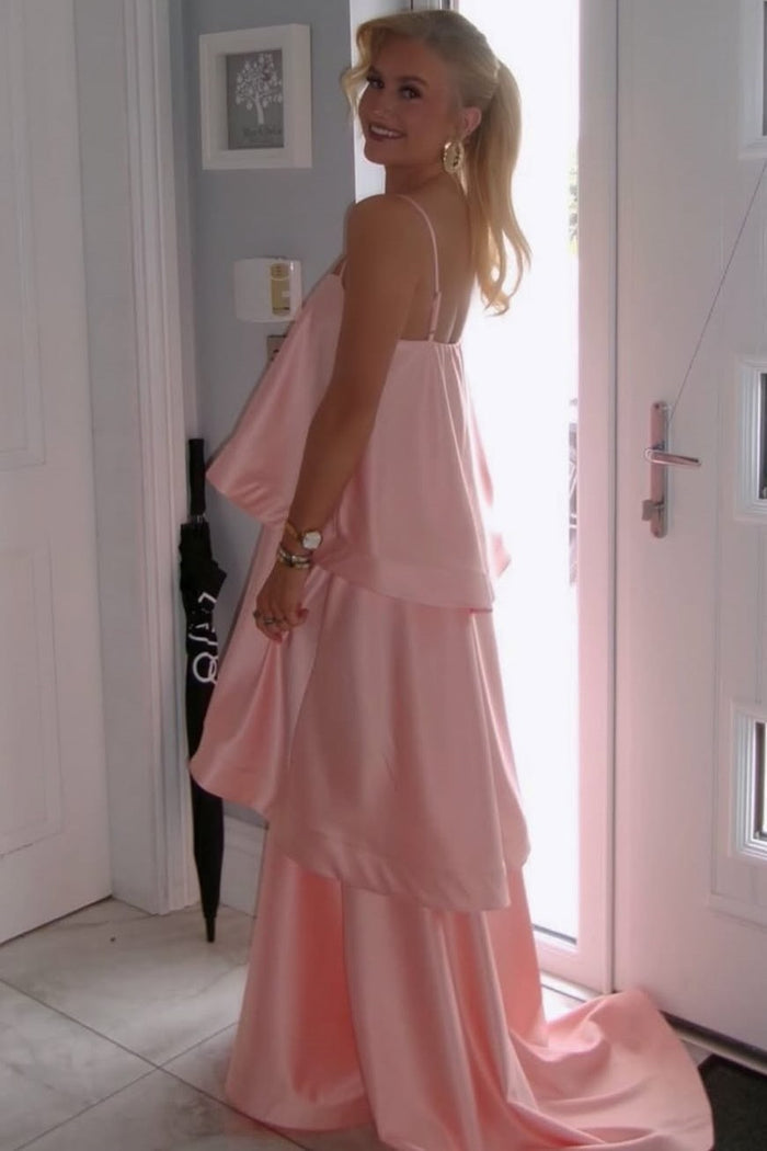 Chic A-Line Spaghetti Straps Layered Satin Sleeveless Long Formal Prom Dress