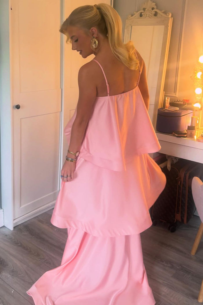 Chic A-Line Spaghetti Straps Layered Satin Sleeveless Long Formal Prom Dress
