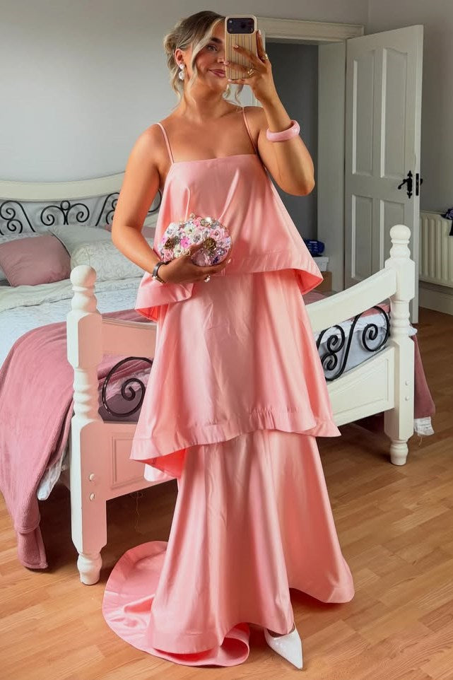 Chic A-Line Spaghetti Straps Layered Satin Sleeveless Long Formal Prom Dress