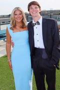 Chic Blue Double Straps Square Neck Satin Formal Prom Dress