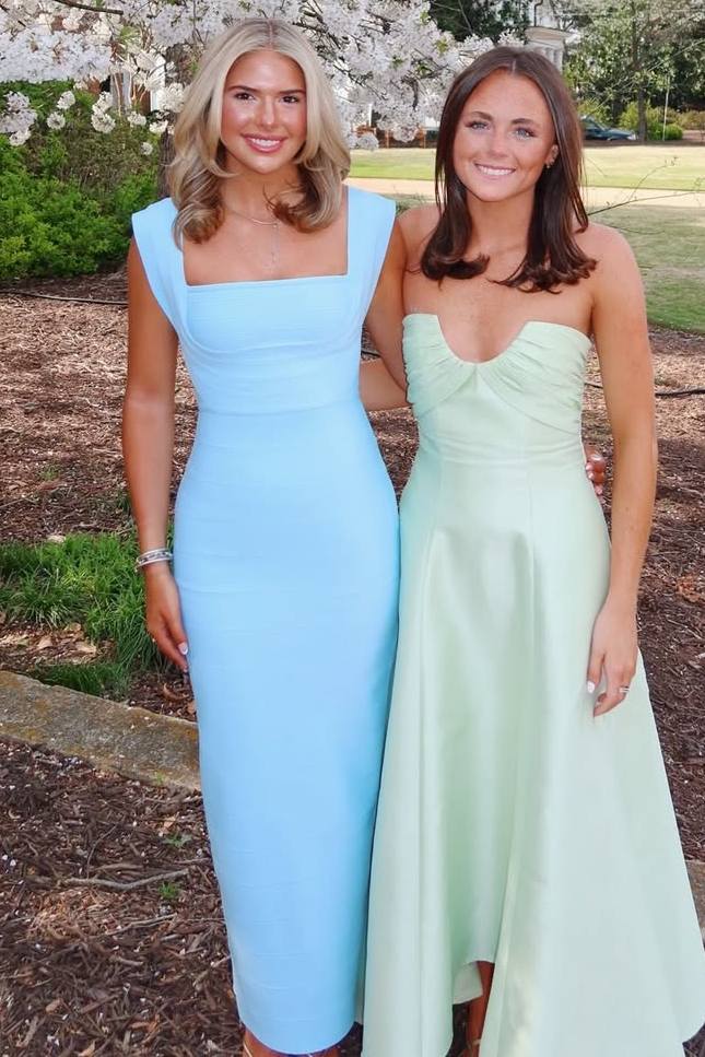 Chic Blue Double Straps Square Neck Satin Formal Prom Dress