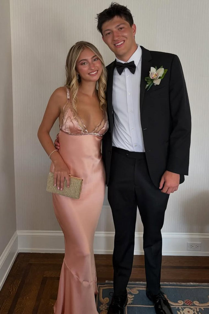 Chic Deep V-Neck Straps Sleeveless Satin Long Formal Prom Dress