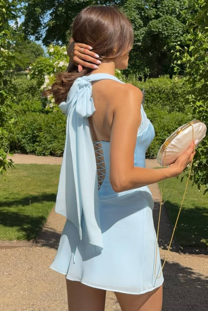 Chic Halter Scoop Neck Pleats A-Line Sleeveless Short homecoming Dress