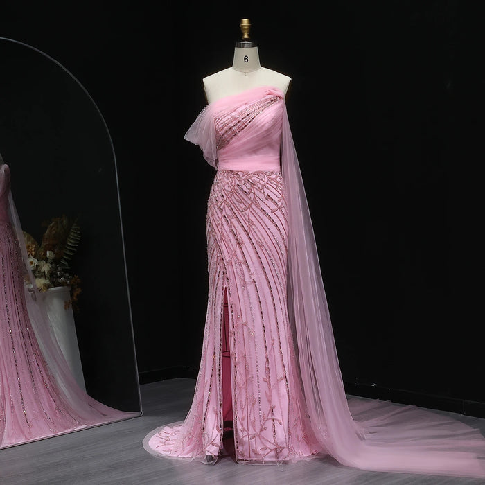 Chic Off Shoulder Pink Evening Dress With Cape Sleeves High Slit SS466