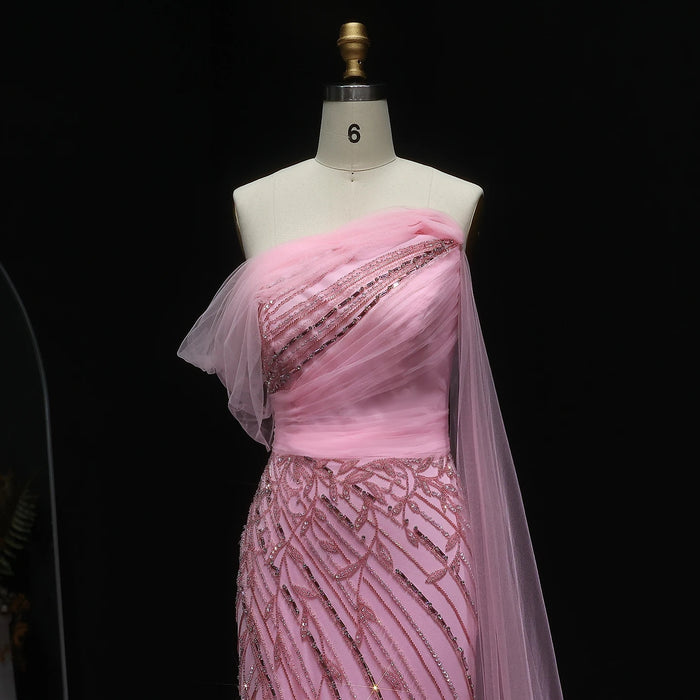 Chic Off Shoulder Pink Evening Dress With Cape Sleeves High Slit SS466