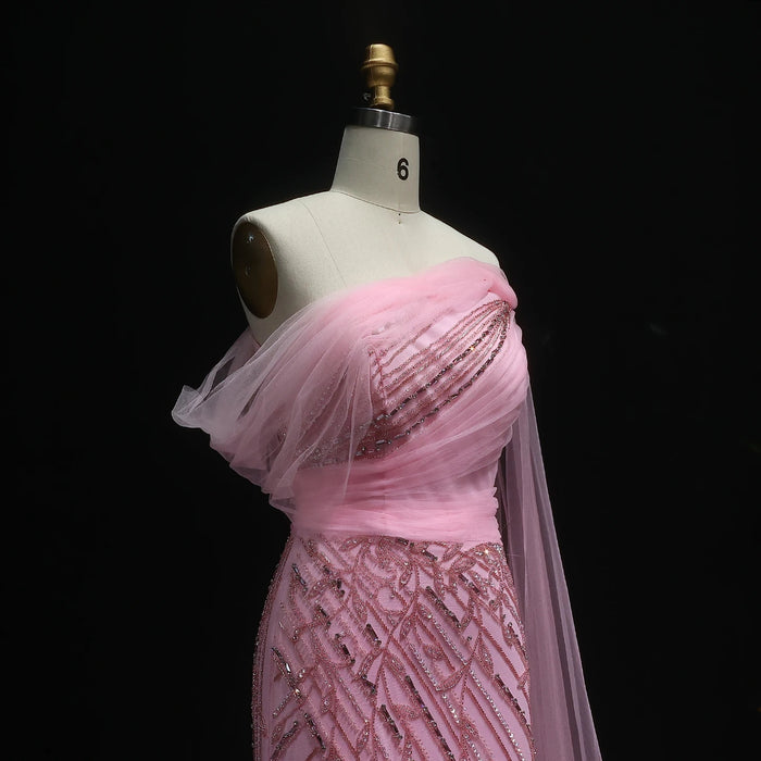 Chic Off Shoulder Pink Evening Dress With Cape Sleeves High Slit SS466