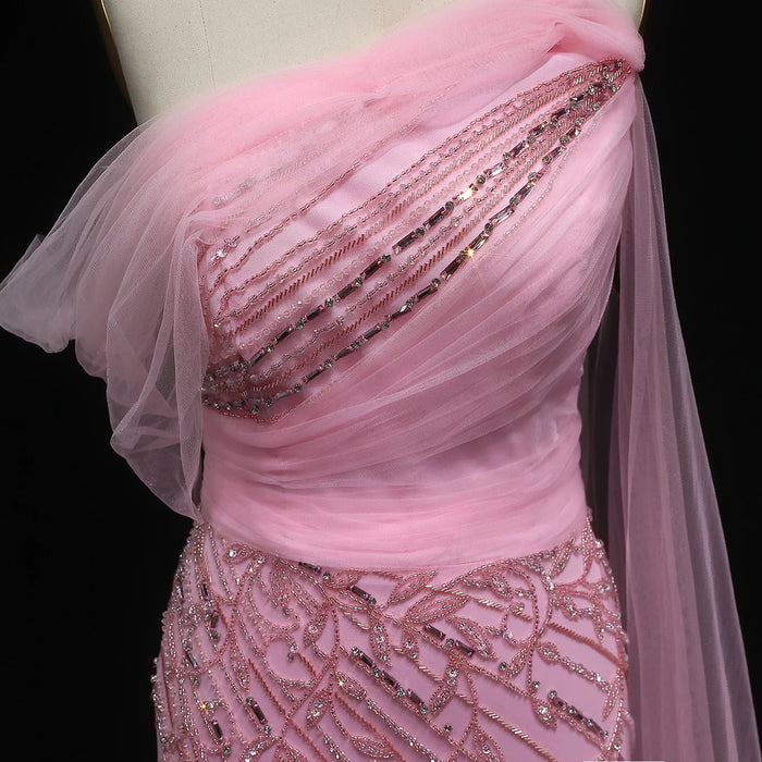 Chic Off Shoulder Pink Evening Dress With Cape Sleeves High Slit SS466