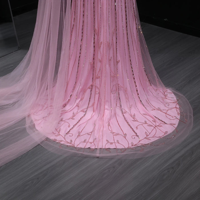 Chic Off Shoulder Pink Evening Dress With Cape Sleeves High Slit SS466