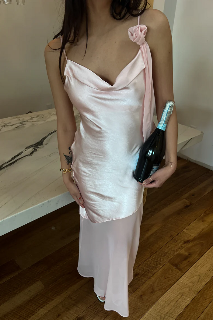 Chic Spaghetti Straps Cowl Neck Sleeveless Sheath Pink Formal Prom Dress