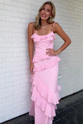 Chic Spaghetti Straps Ruffles Sleeveless Sheath Long Prom Party Dress