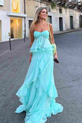 Chic Strapless Sweetheart Ruffles Chiffon Long Prom Dress