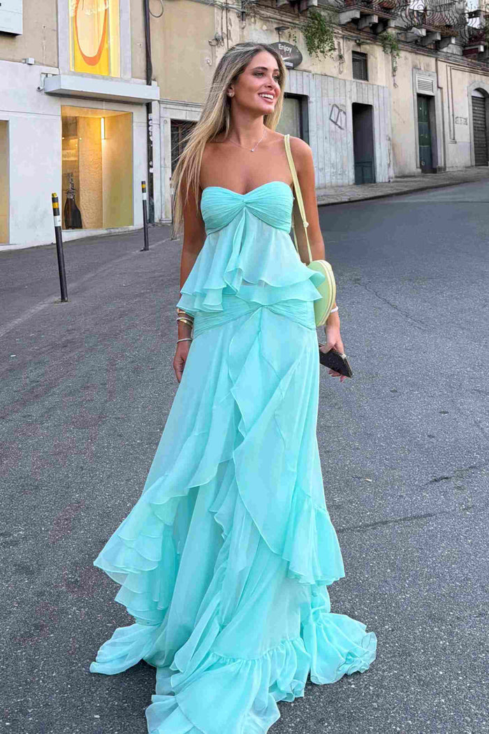 Chic Strapless Sweetheart Ruffles Chiffon Long Prom Dress