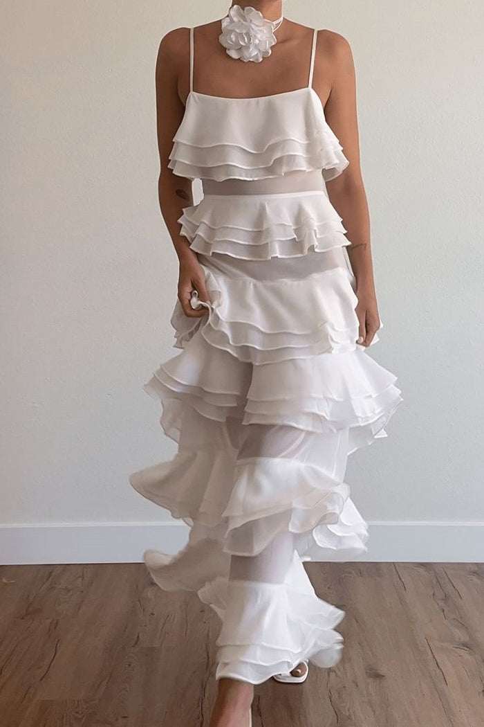 Chic White Spaghetti Straps Ruffles Chiffon Sleeveless Prom Formal Dress