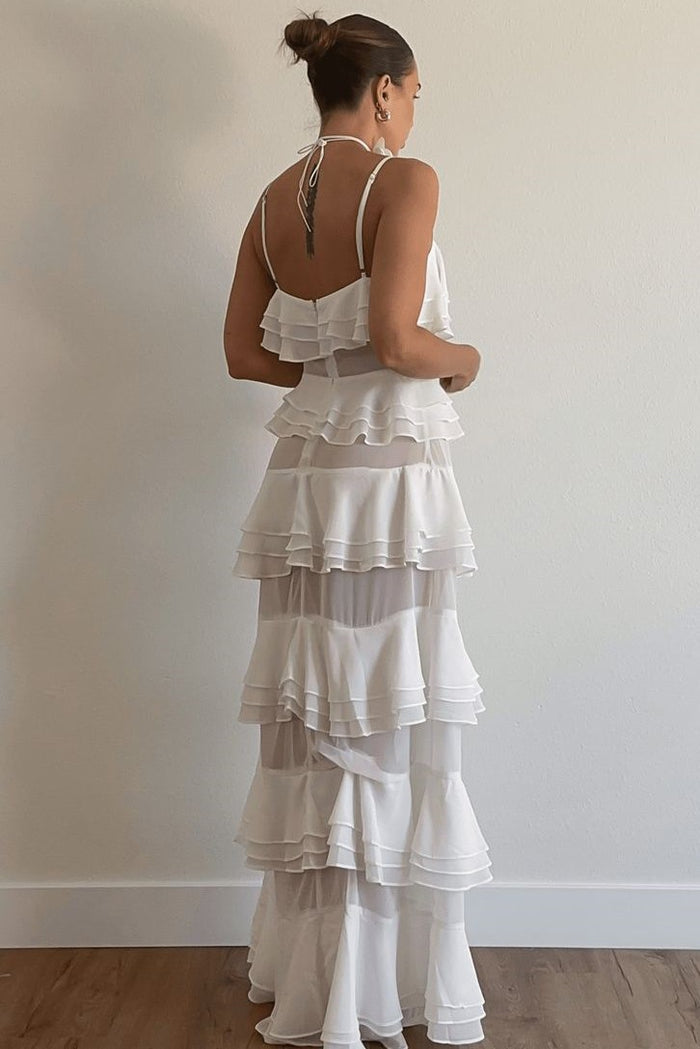 Chic White Spaghetti Straps Ruffles Chiffon Sleeveless Prom Formal Dress